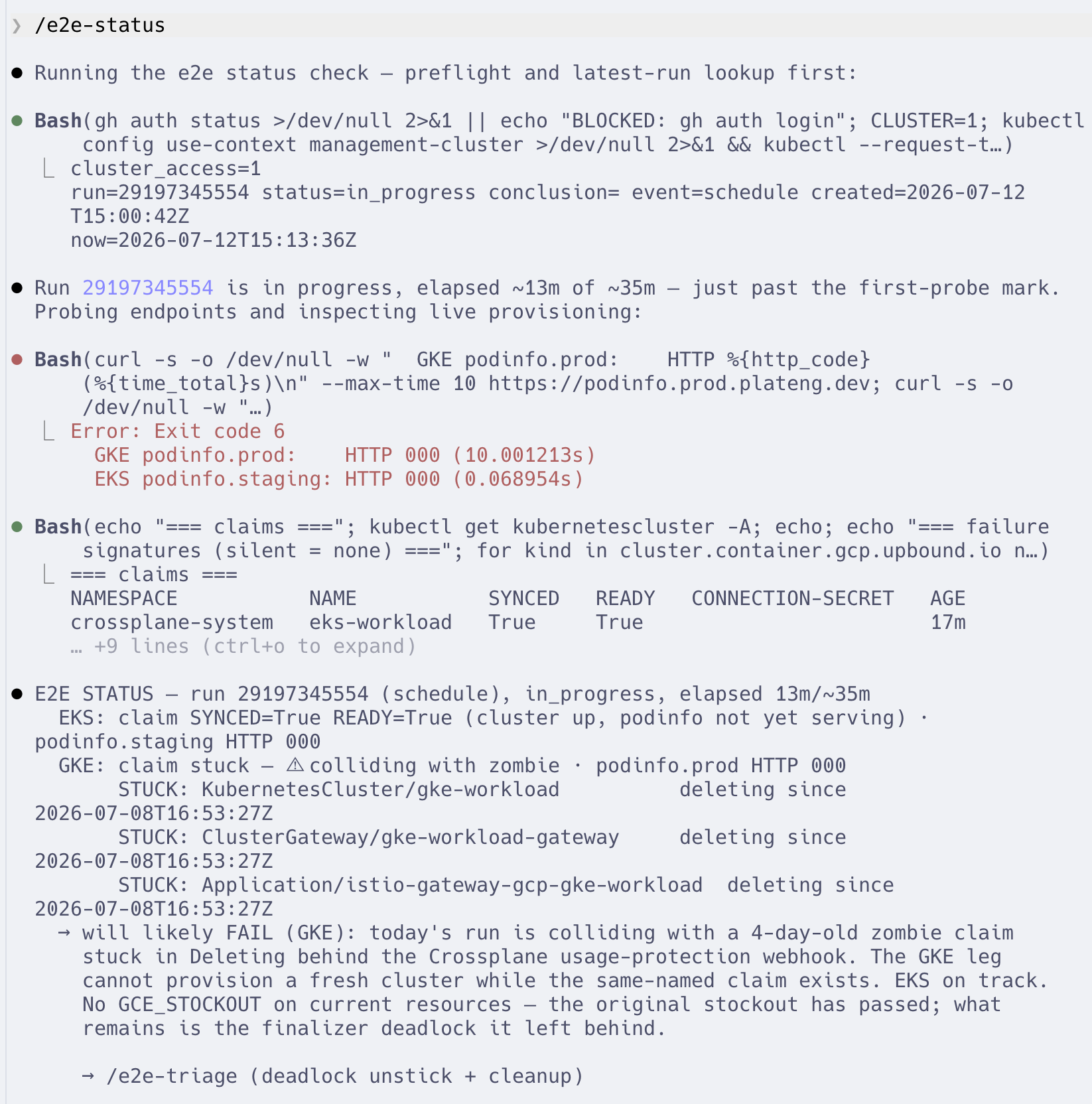 Terminal: /e2e-status invocation, live checks, and the will-likely-FAIL verdict naming three stuck resources