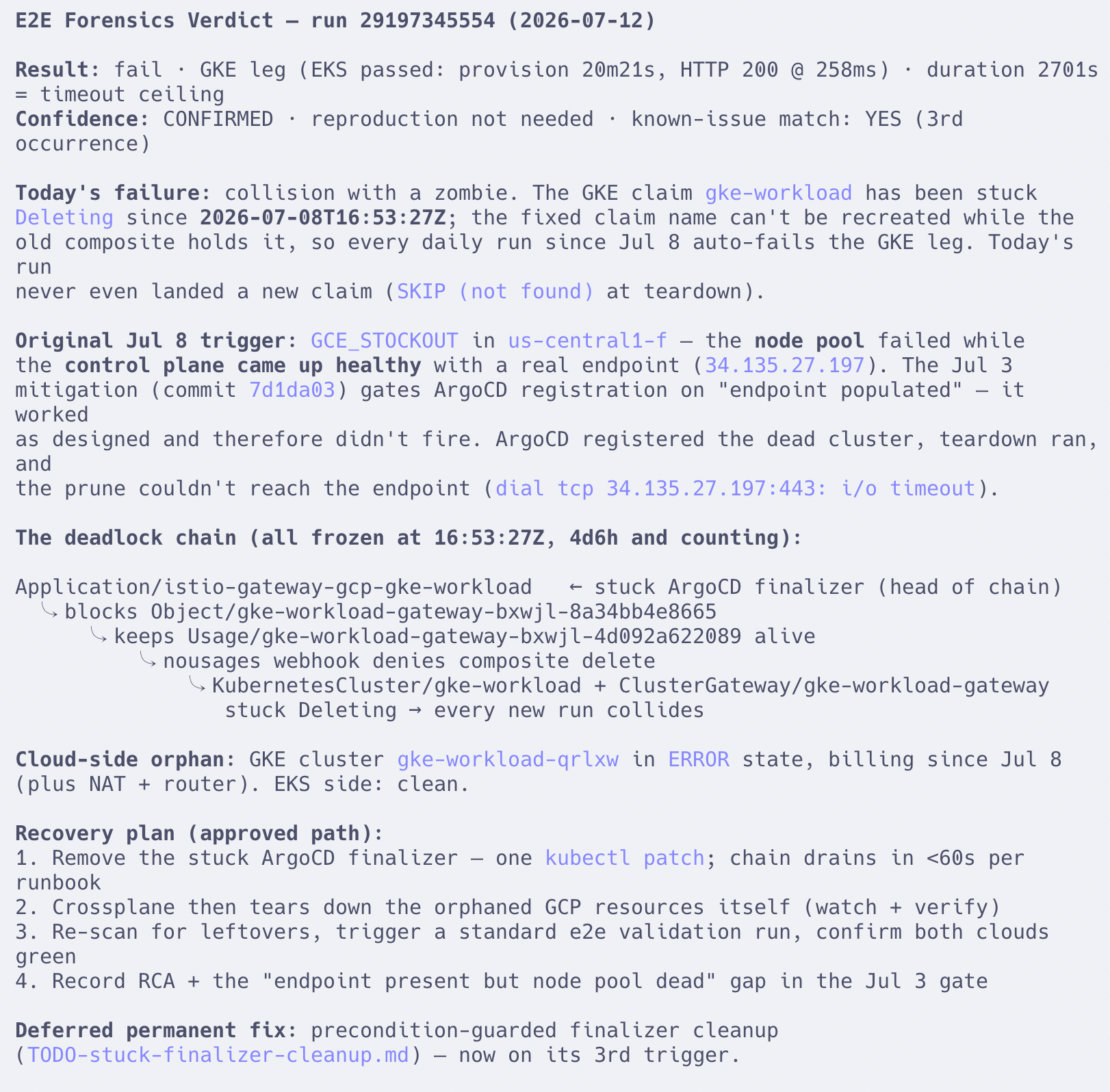 Forensics verdict: confirmed root cause with deadlock chain diagram and recovery plan