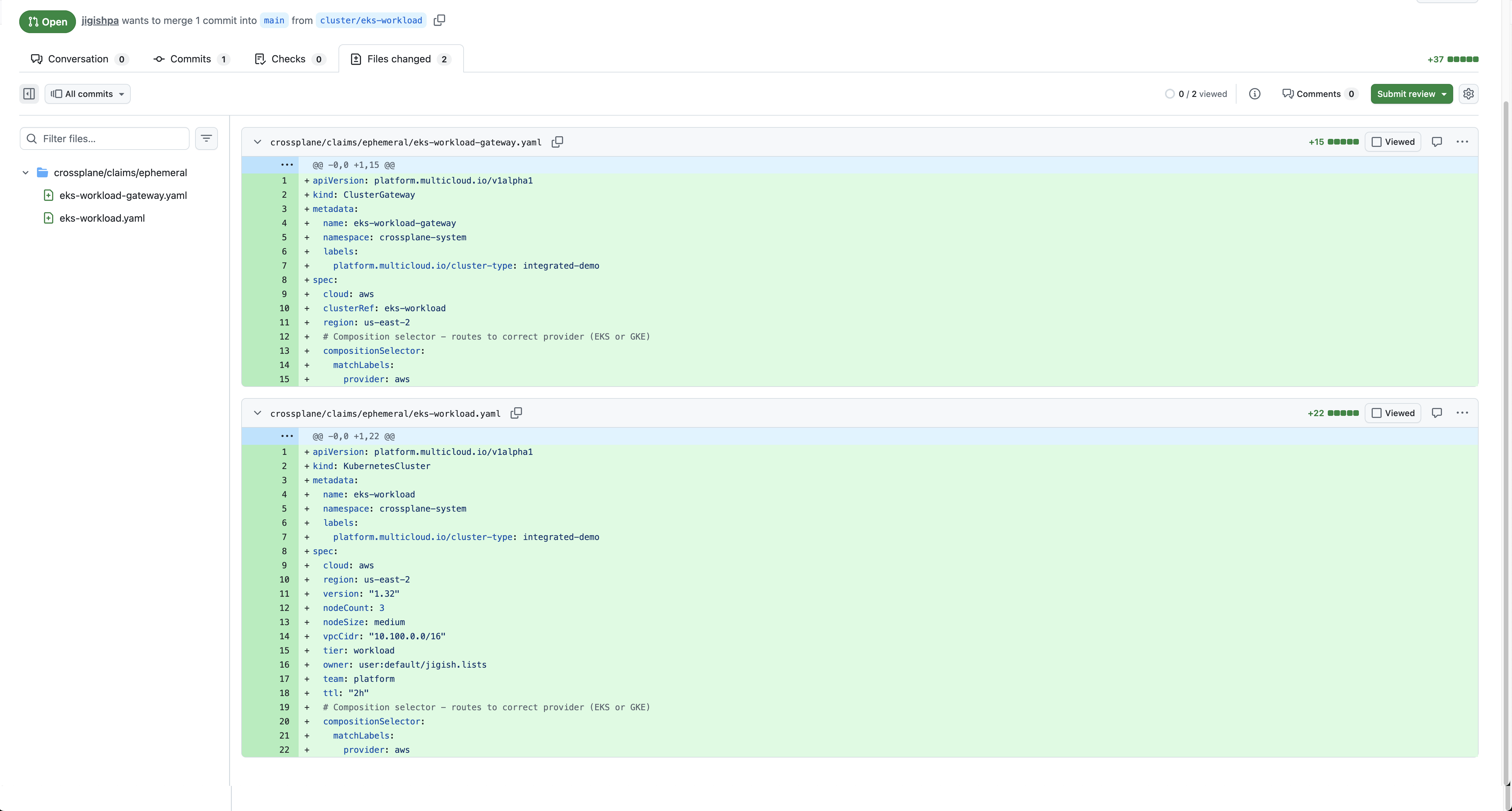 GitHub PR files: Crossplane claim YAML for EKS cluster