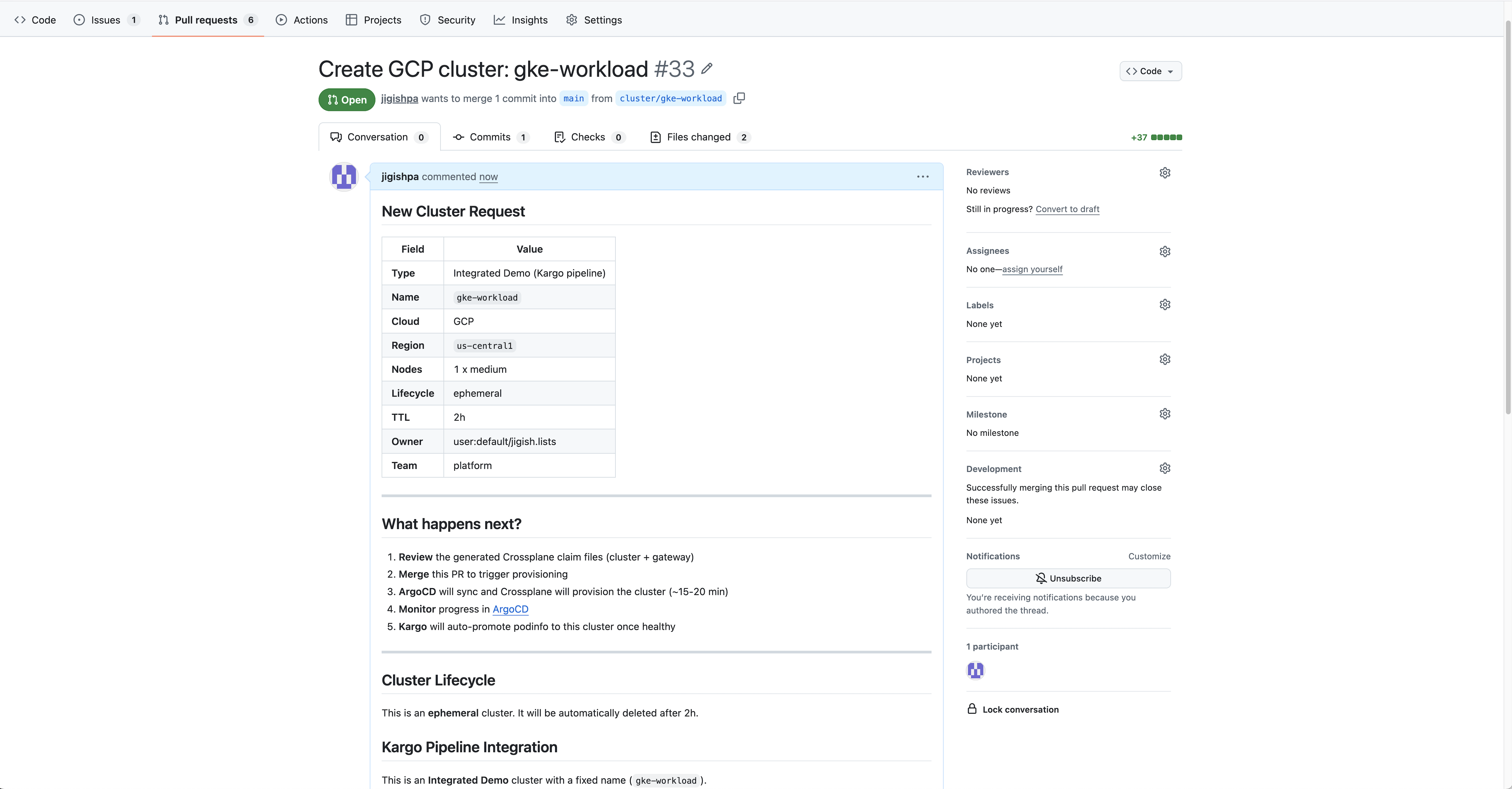 GitHub PR overview for GKE workload cluster